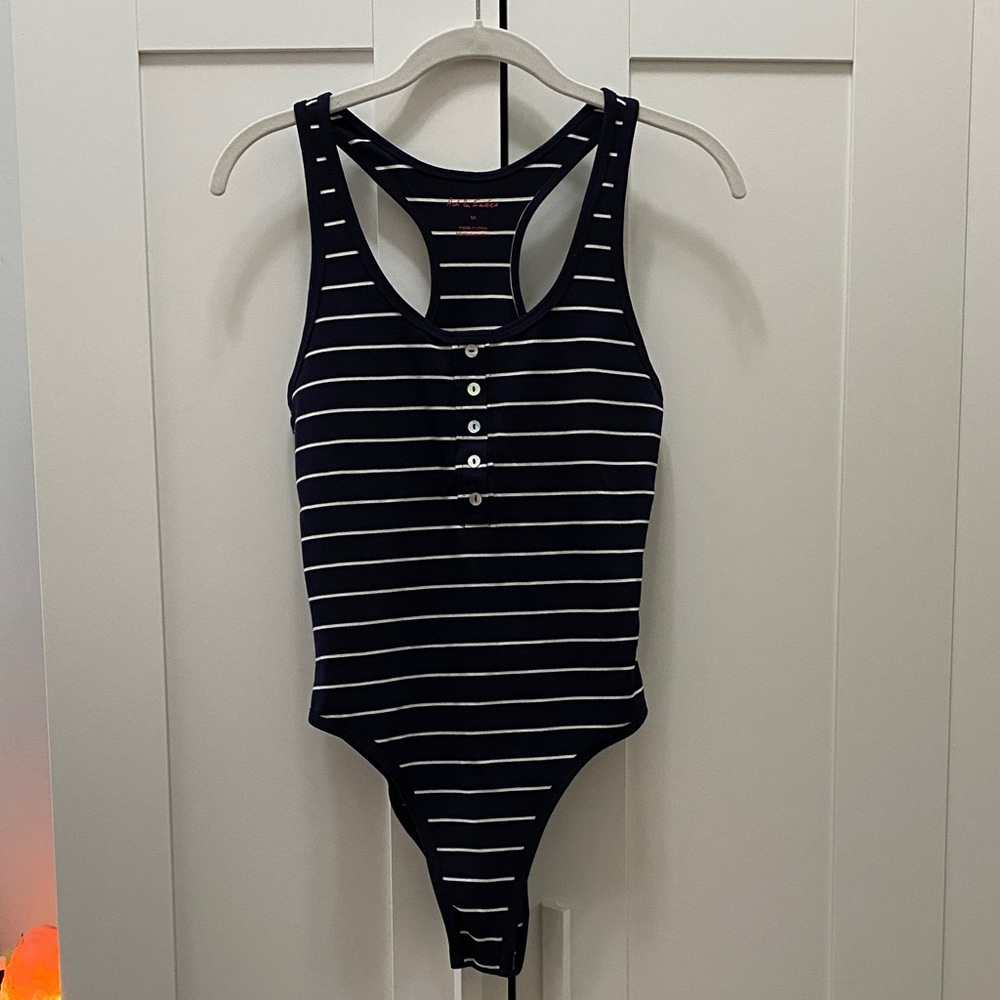 Free People Navy and White Striped Bodysuit